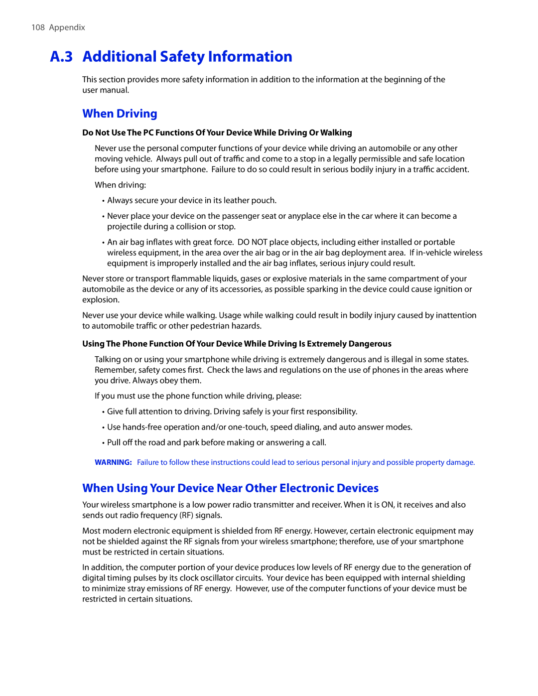 HTC SMT5800 user manual Additional Safety Information, When Driving, When Using Your Device Near Other Electronic Devices 