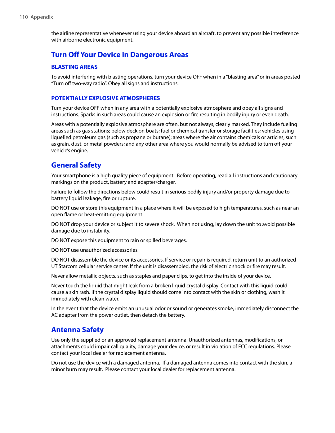 HTC SMT5800 user manual Turn Off Your Device in Dangerous Areas, General Safety, Antenna Safety, Blasting Areas 