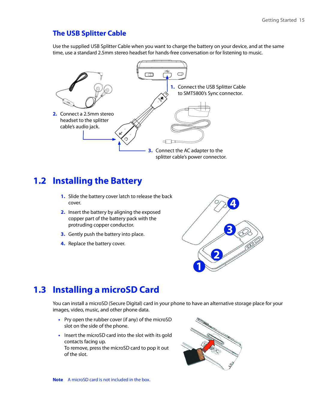 HTC SMT5800 user manual Installing the Battery, Installing a microSD Card, USB Splitter Cable 