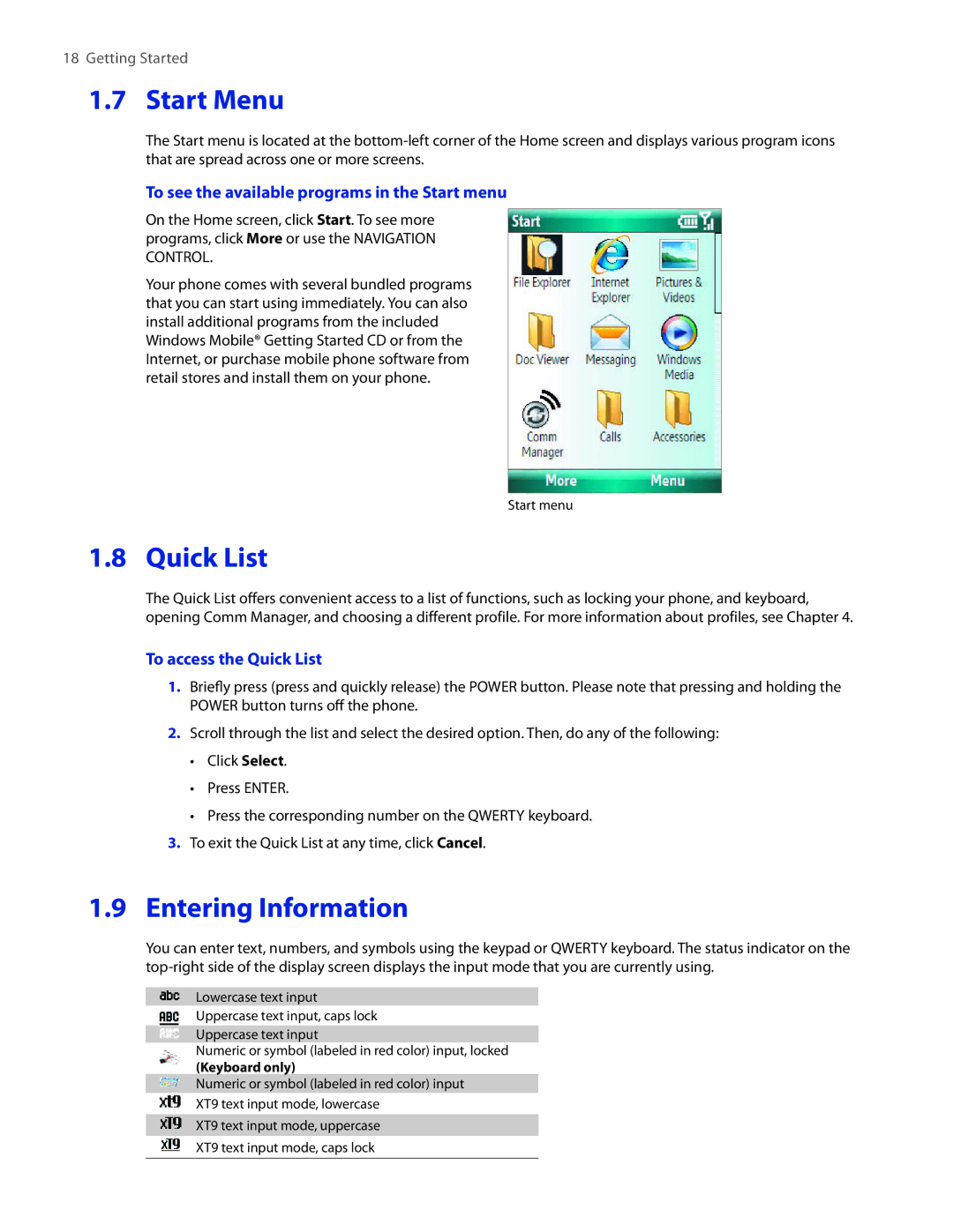 HTC SMT5800 user manual Start Menu, Quick List, Entering Information, To see the available programs in the Start menu 