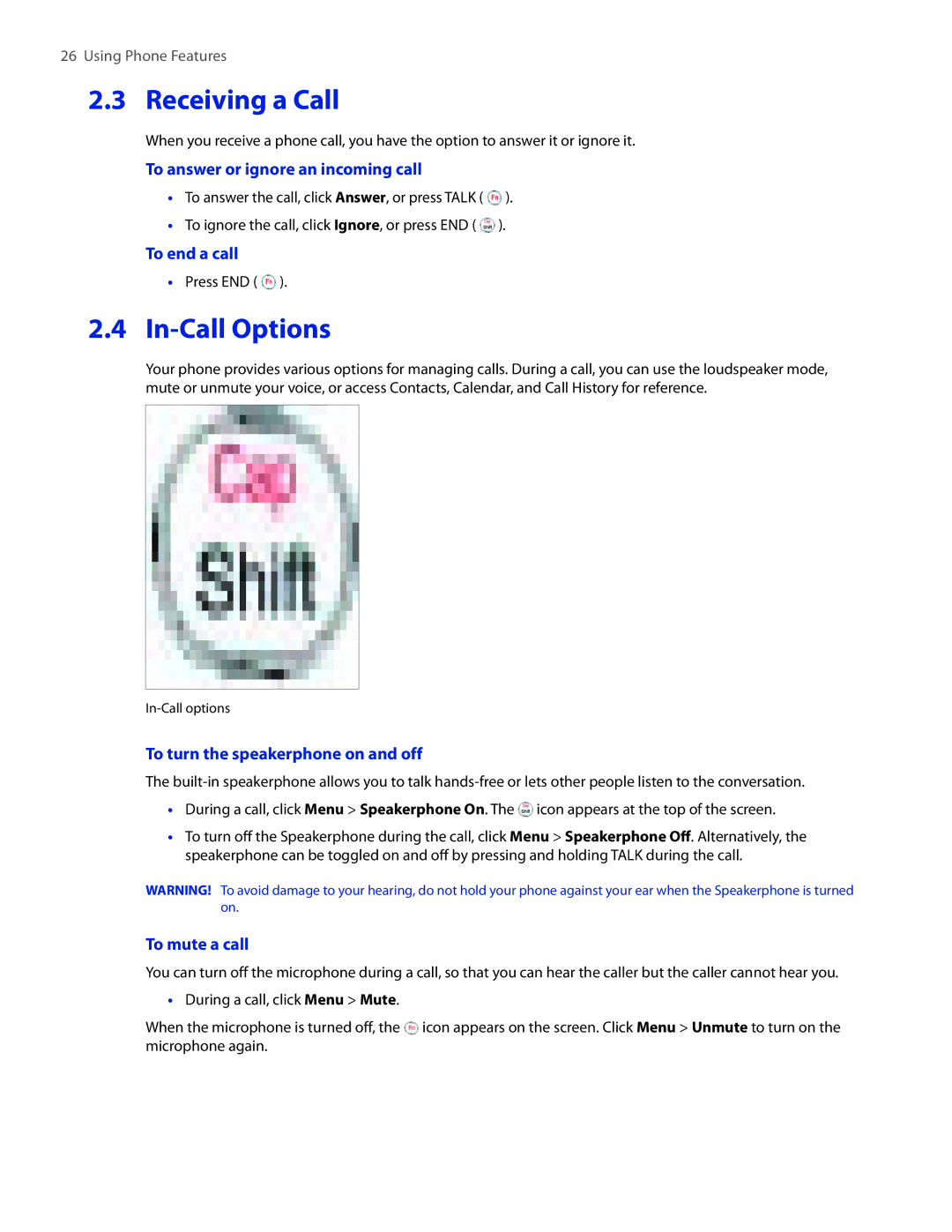 HTC SMT5800 user manual Receiving a Call, In-Call Options 