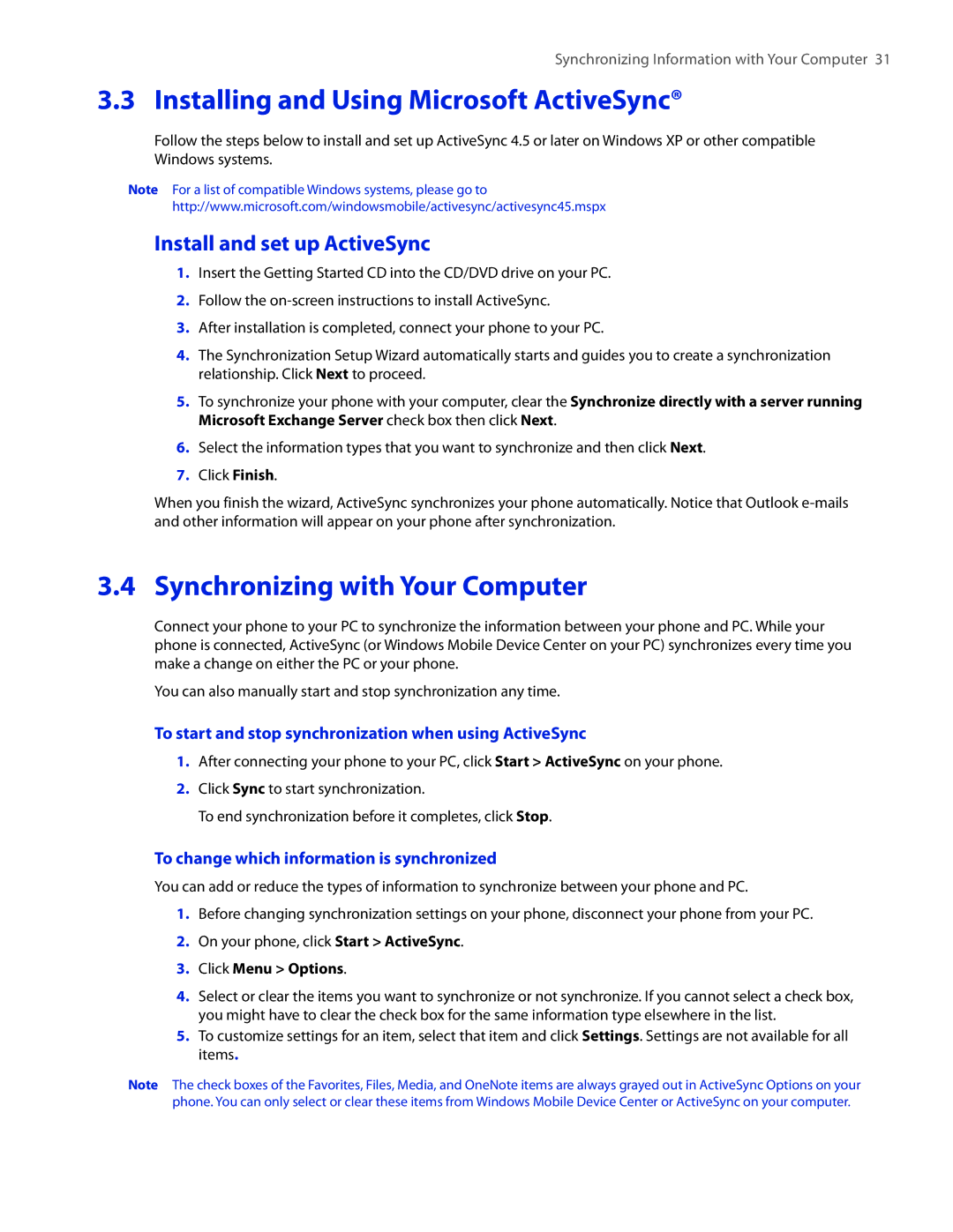 HTC SMT5800 Installing and Using Microsoft ActiveSync, Synchronizing with Your Computer, Install and set up ActiveSync 