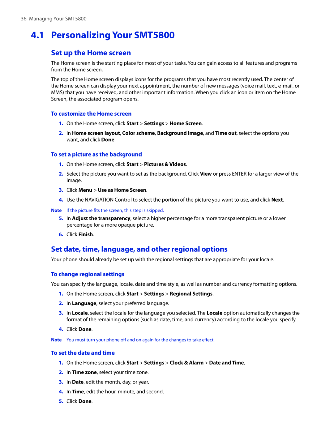 HTC user manual Personalizing Your SMT5800, Set up the Home screen, Set date, time, language, and other regional options 