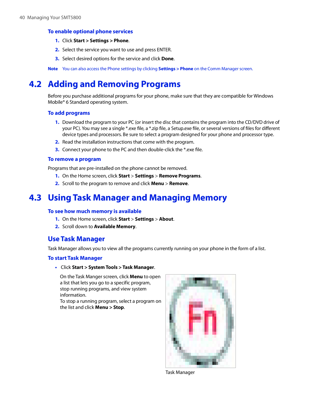 HTC SMT5800 user manual Adding and Removing Programs, Using Task Manager and Managing Memory, Use Task Manager 