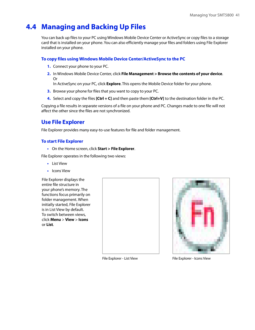 HTC SMT5800 user manual Managing and Backing Up Files, Use File Explorer, To start File Explorer 