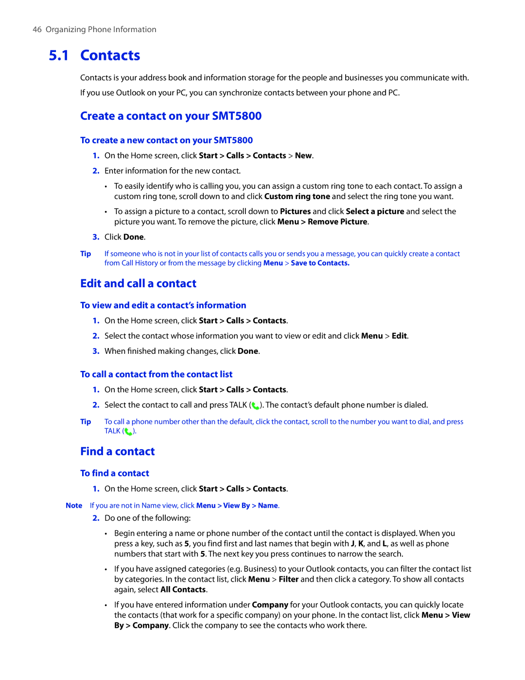 HTC user manual Contacts, Create a contact on your SMT5800, Edit and call a contact, Find a contact 