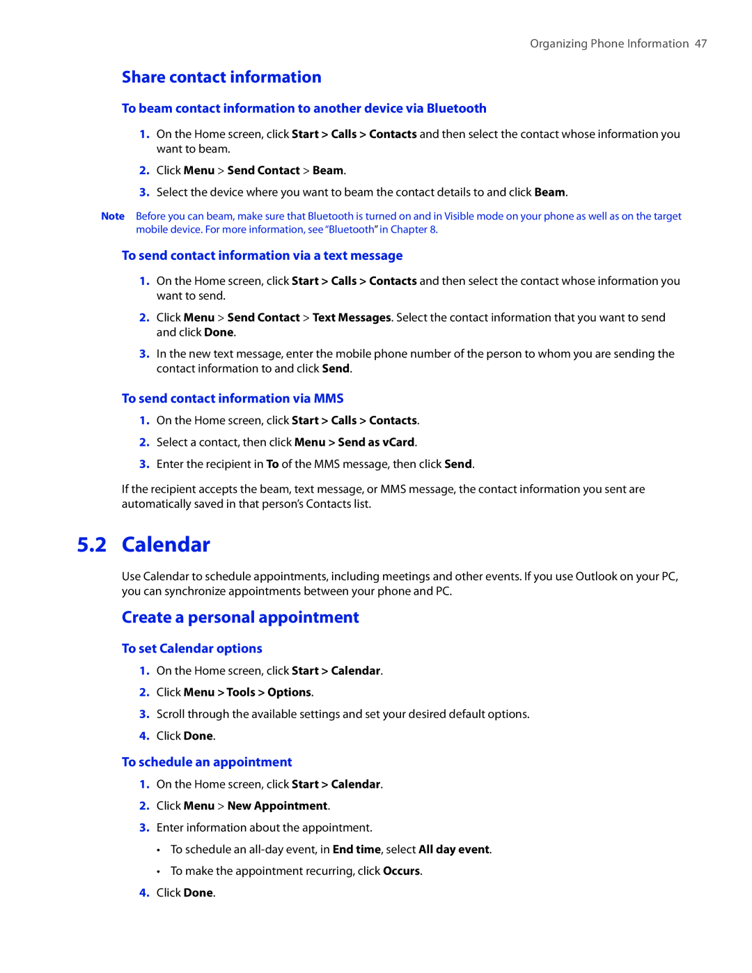 HTC SMT5800 user manual Calendar, Share contact information, Create a personal appointment 