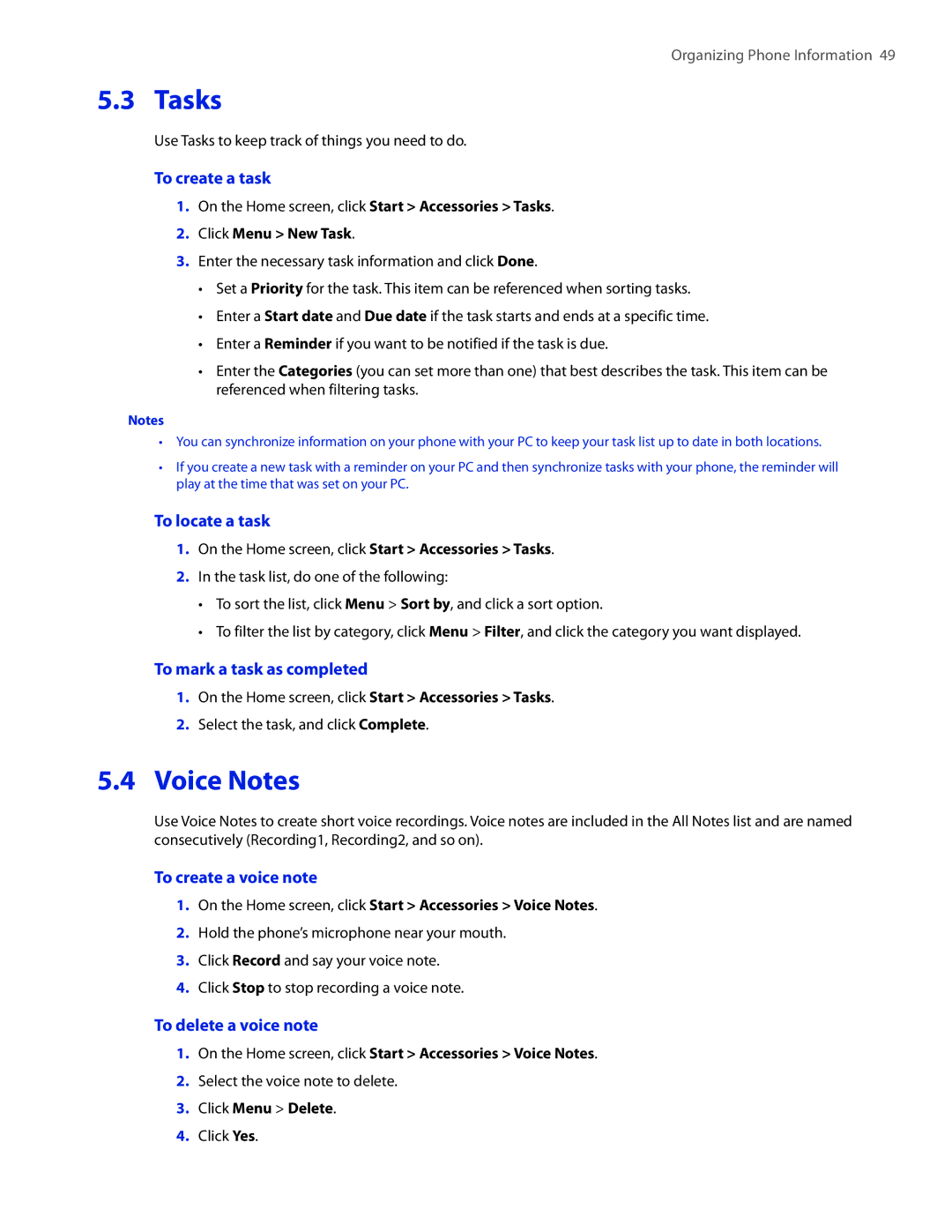 HTC SMT5800 user manual Tasks, Voice Notes 