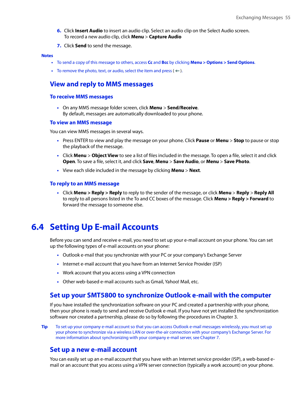 HTC SMT5800 user manual Setting Up E-mail Accounts, View and reply to MMS messages, Set up a new e-mail account 