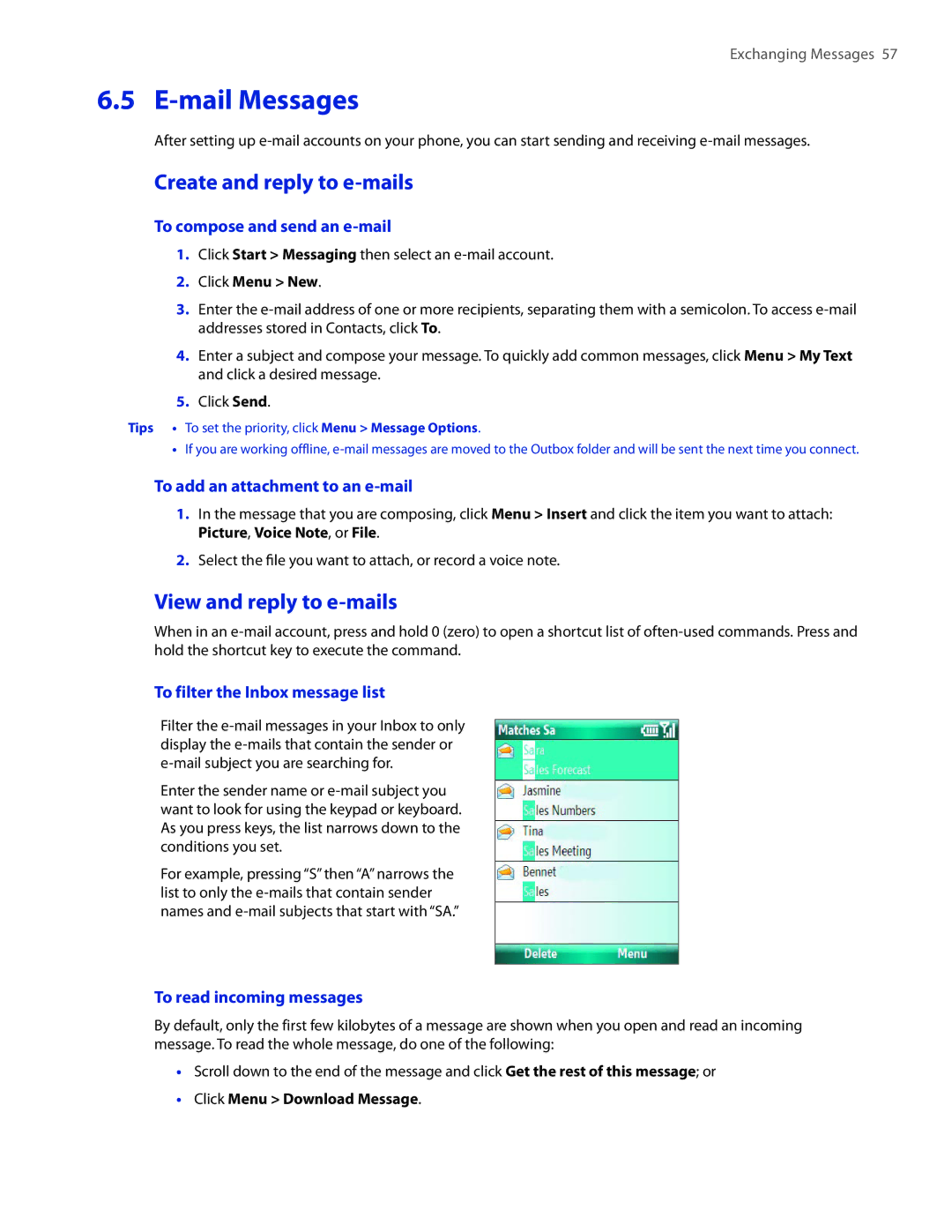 HTC SMT5800 user manual Mail Messages, Create and reply to e-mails, View and reply to e-mails 