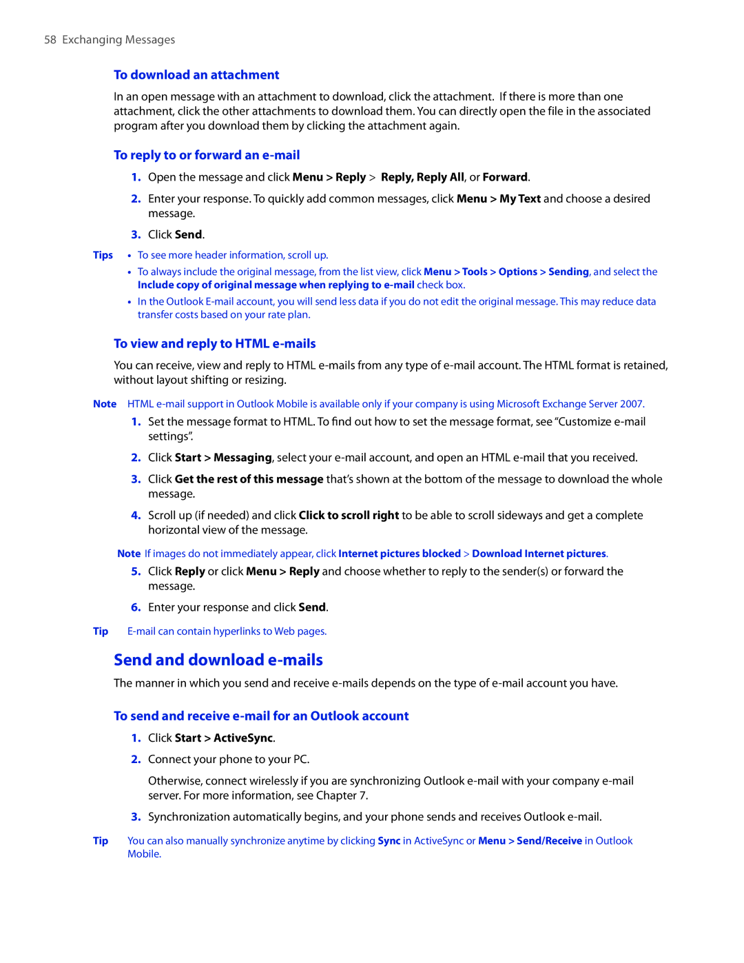 HTC SMT5800 user manual Send and download e-mails, To download an attachment, To reply to or forward an e-mail 