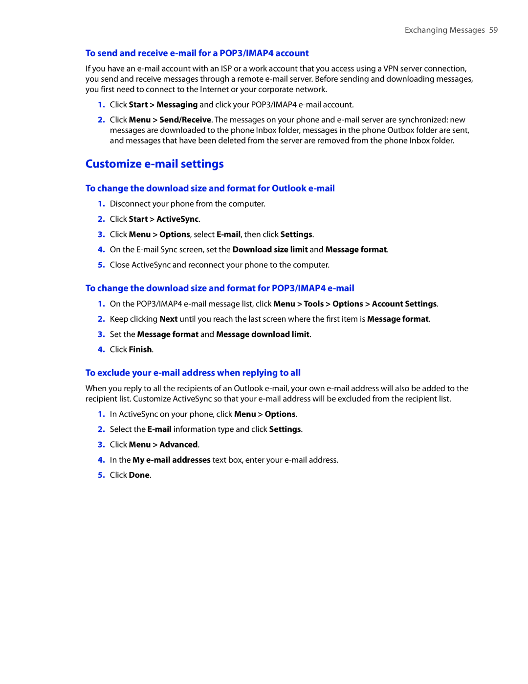 HTC SMT5800 user manual Customize e-mail settings, To send and receive e-mail for a POP3/IMAP4 account 