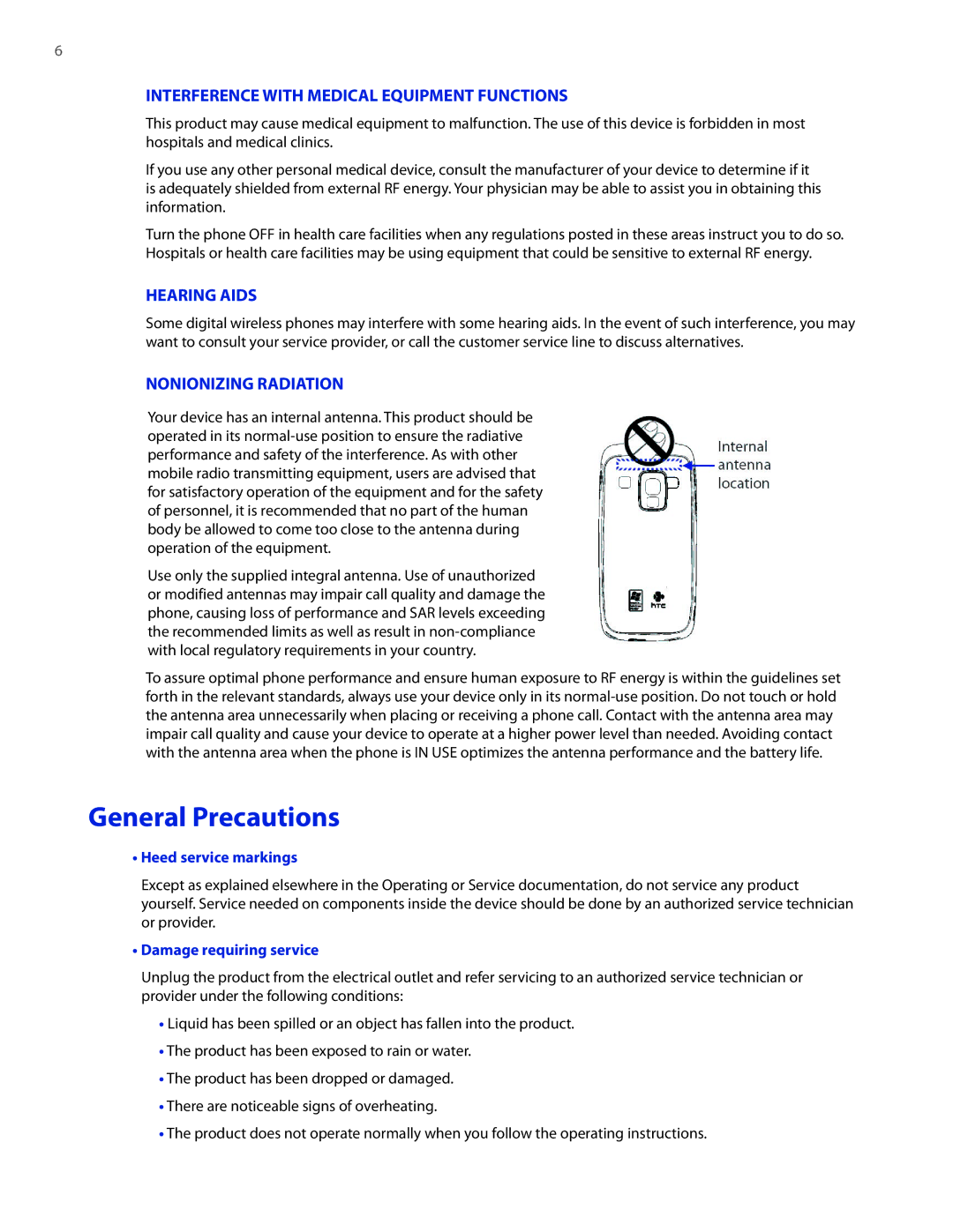 HTC SMT5800 General Precautions, Interference with Medical Equipment Functions, Hearing Aids, Nonionizing Radiation 