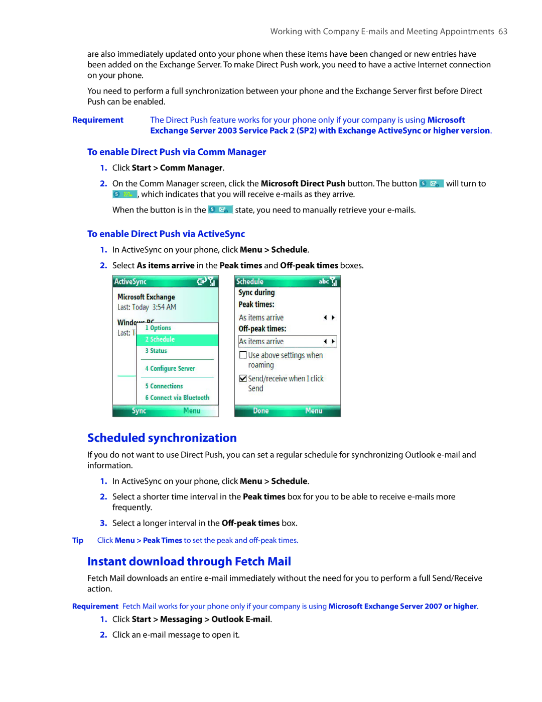 HTC SMT5800 Scheduled synchronization, Instant download through Fetch Mail, To enable Direct Push via Comm Manager 