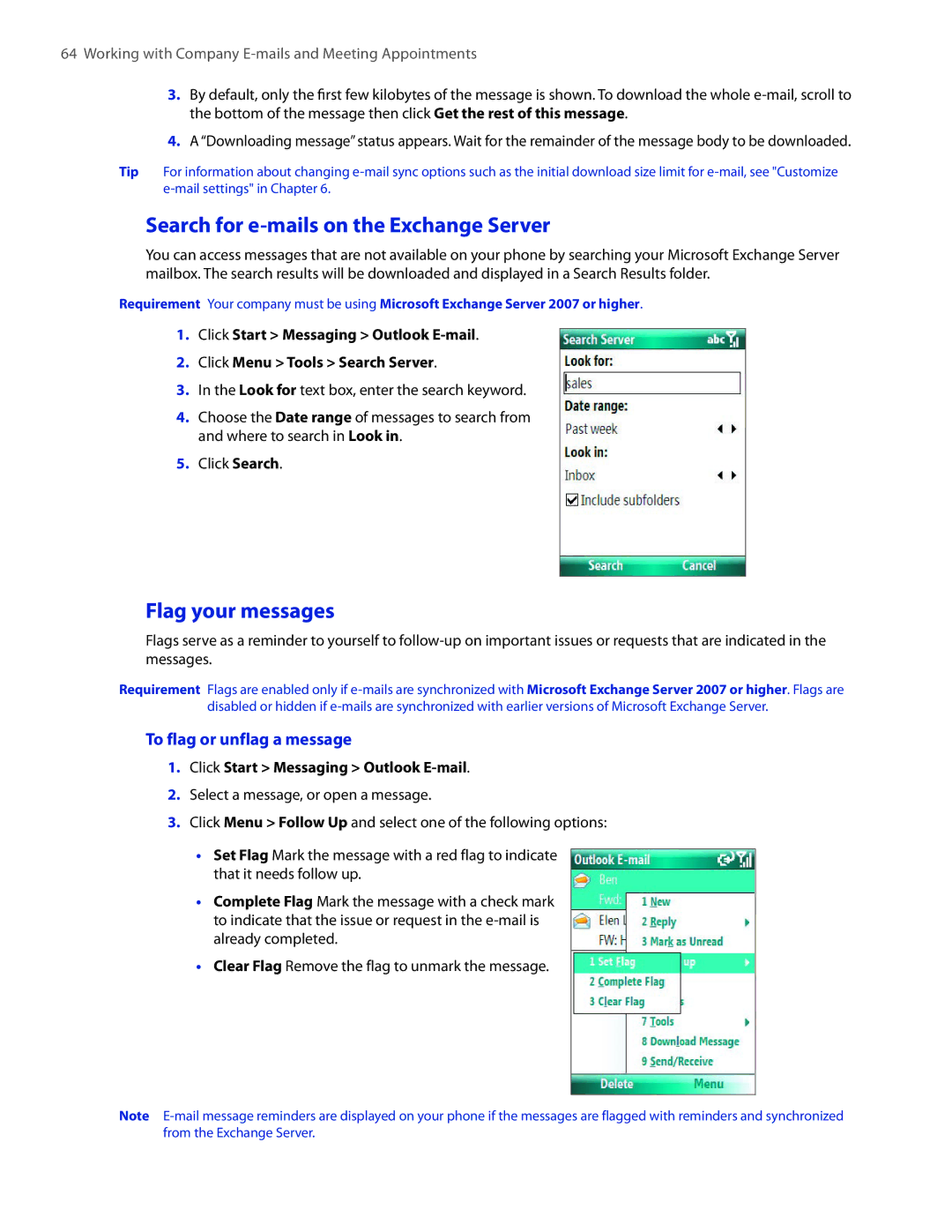 HTC SMT5800 user manual Search for e-mails on the Exchange Server, Flag your messages, To flag or unflag a message 