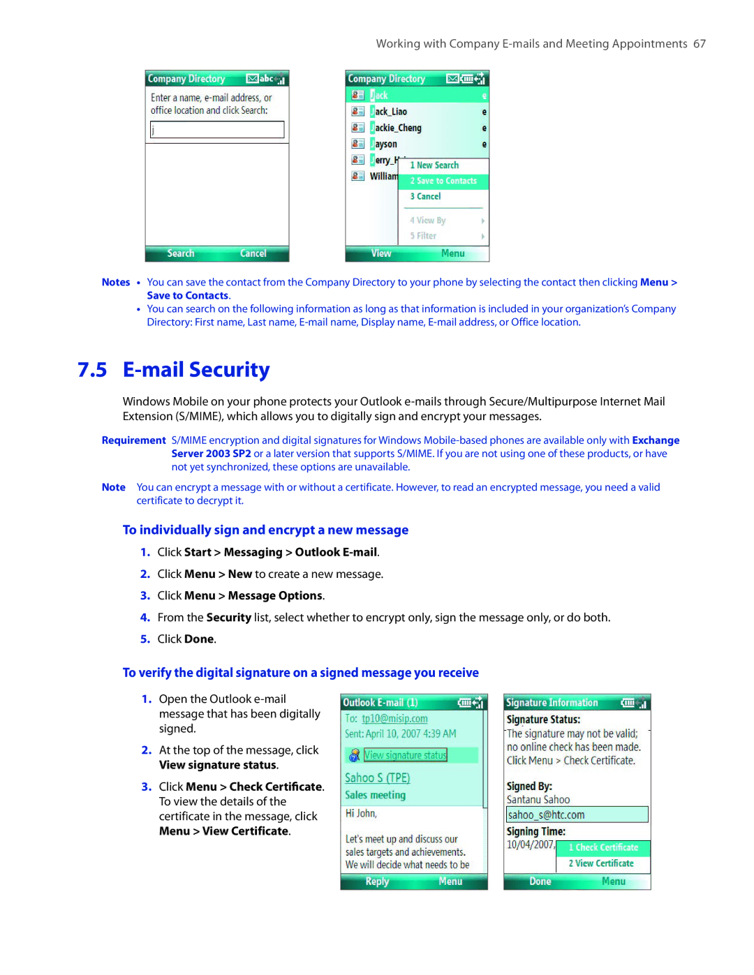 HTC SMT5800 user manual Mail Security, To individually sign and encrypt a new message, Click Menu Message Options 