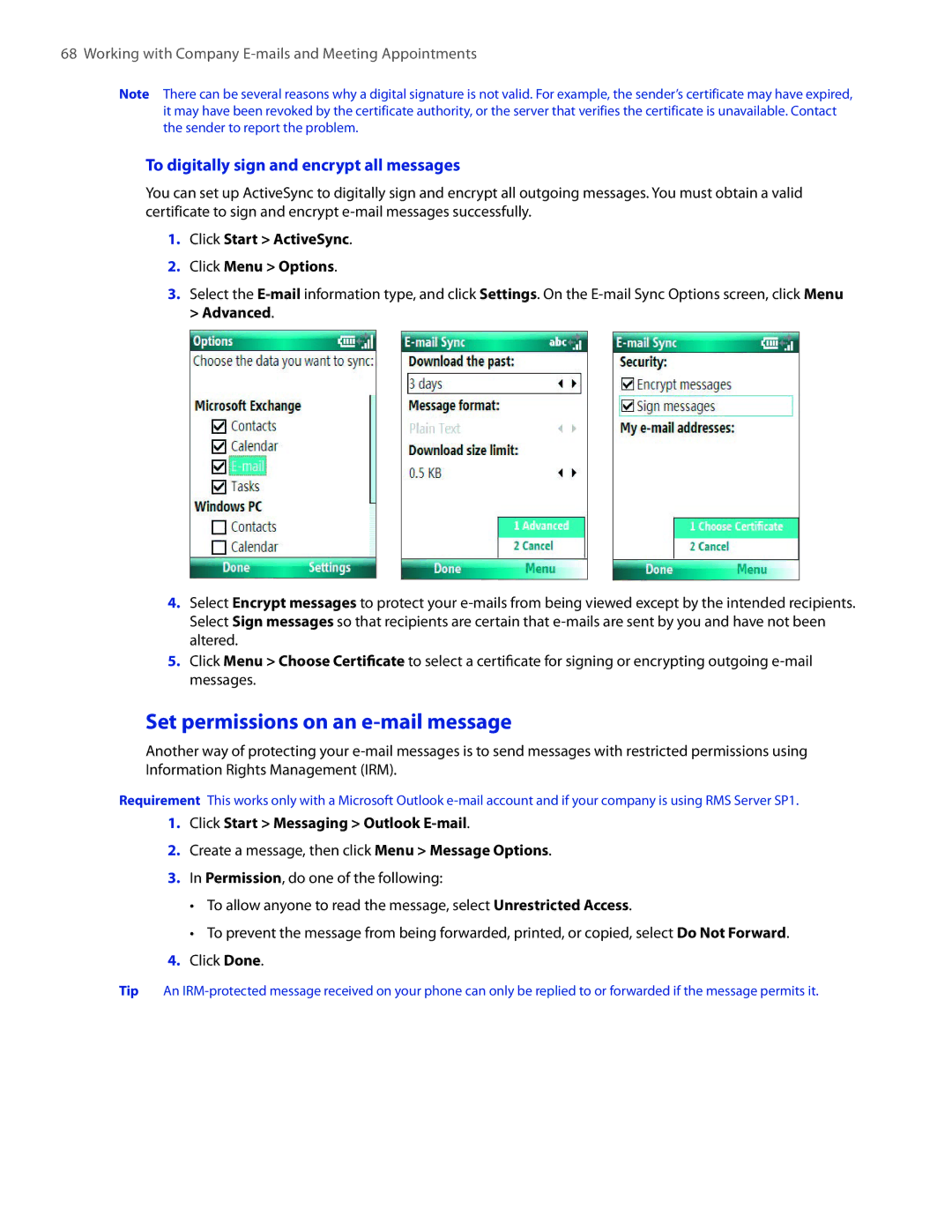 HTC SMT5800 user manual Set permissions on an e-mail message, To digitally sign and encrypt all messages 