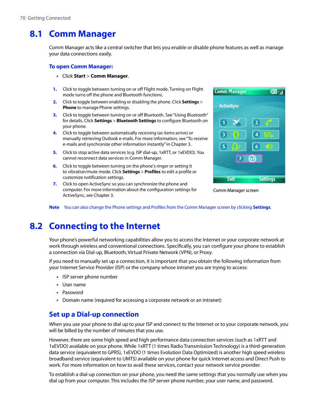 HTC SMT5800 user manual Connecting to the Internet, Set up a Dial-up connection, To open Comm Manager 