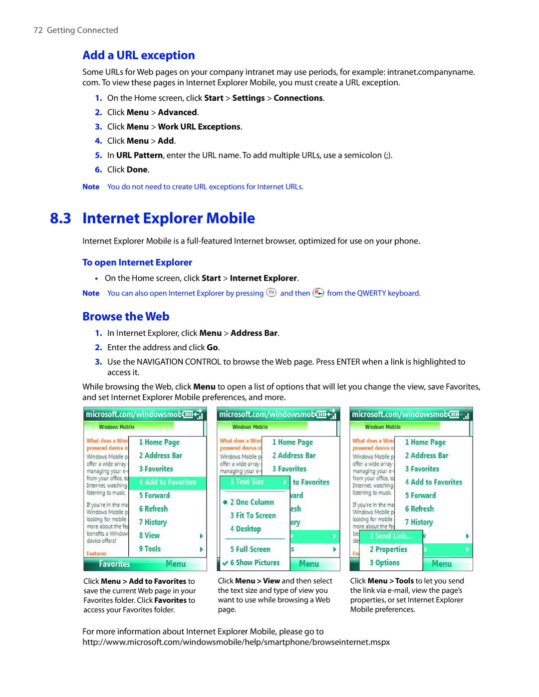 HTC SMT5800 user manual Internet Explorer Mobile, Add a URL exception, Browse the Web, To open Internet Explorer 