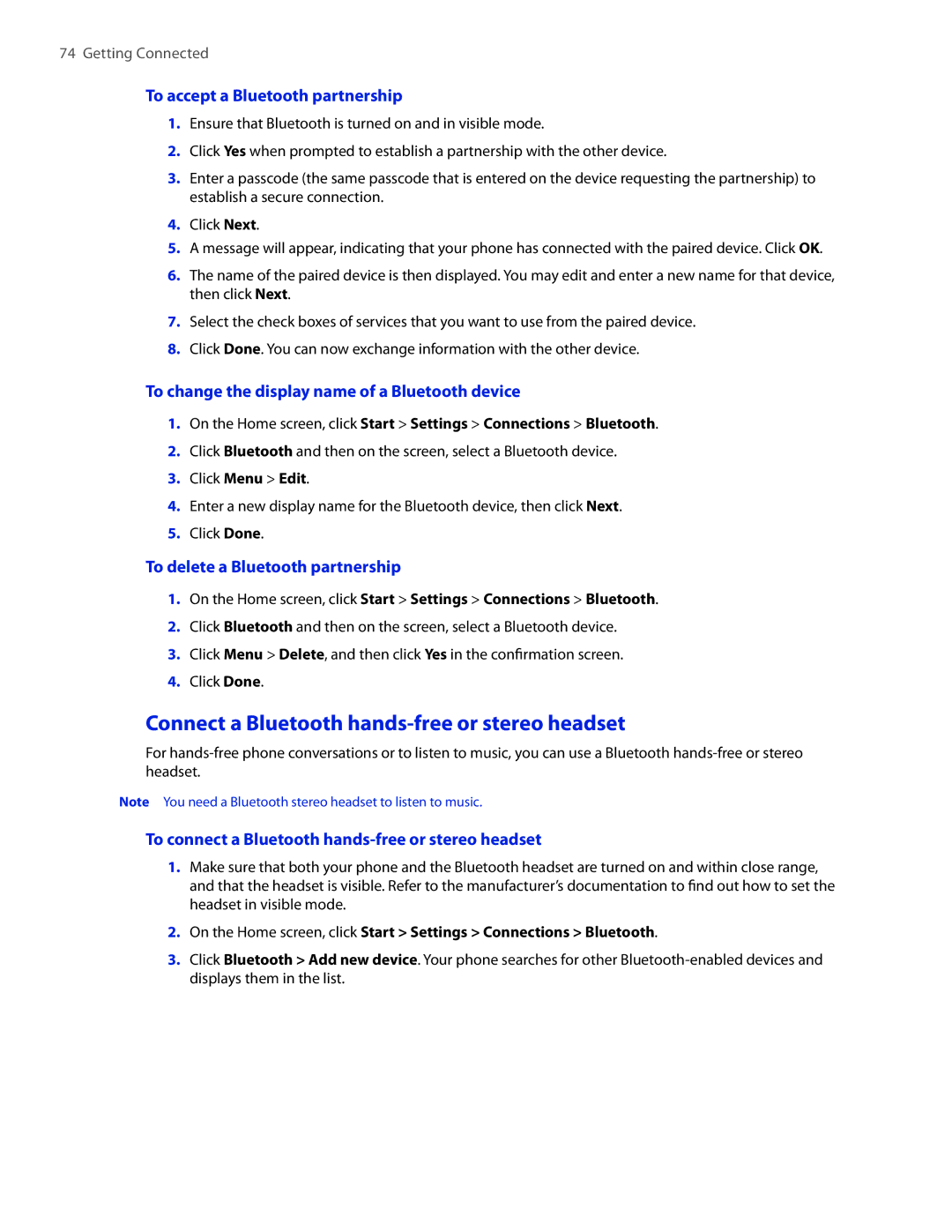 HTC SMT5800 user manual Connect a Bluetooth hands-free or stereo headset, To accept a Bluetooth partnership 