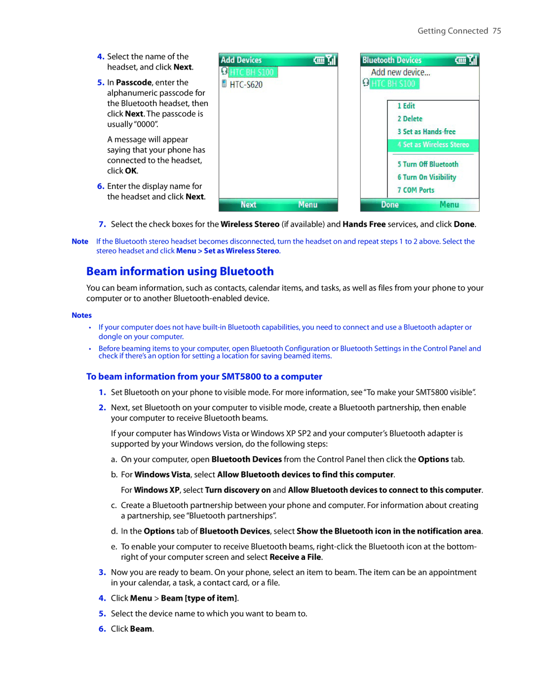 HTC Beam information using Bluetooth, To beam information from your SMT5800 to a computer, Click Menu Beam type of item 