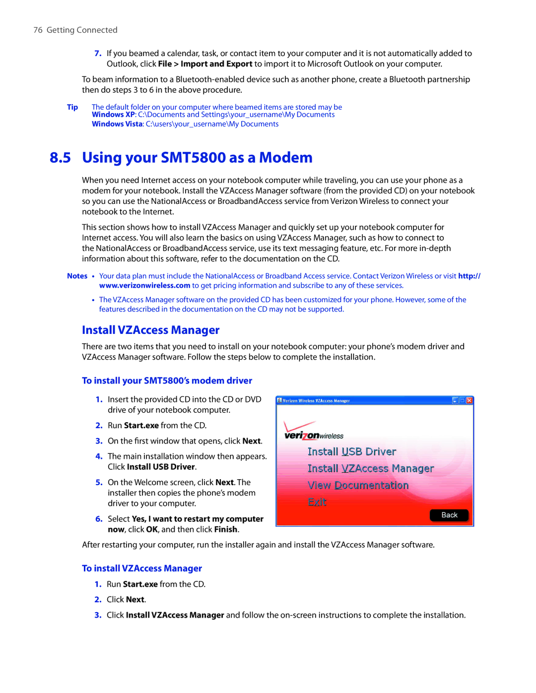 HTC user manual Using your SMT5800 as a Modem, Install VZAccess Manager, To install your SMT5800’s modem driver 