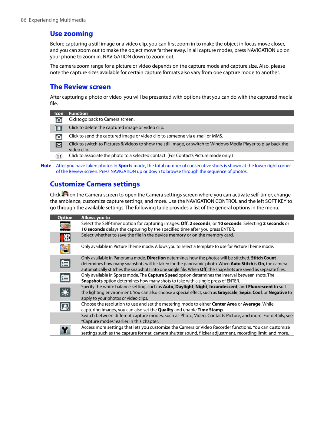 HTC SMT5800 user manual Use zooming, Review screen, Customize Camera settings 