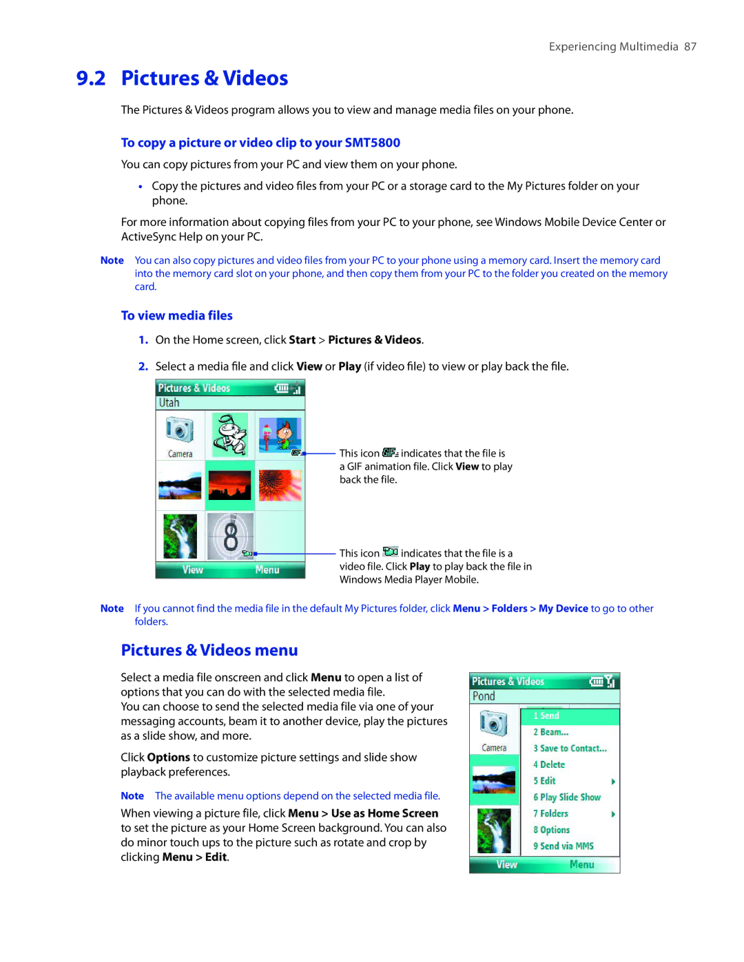 HTC user manual Pictures & Videos menu, To copy a picture or video clip to your SMT5800, To view media files 