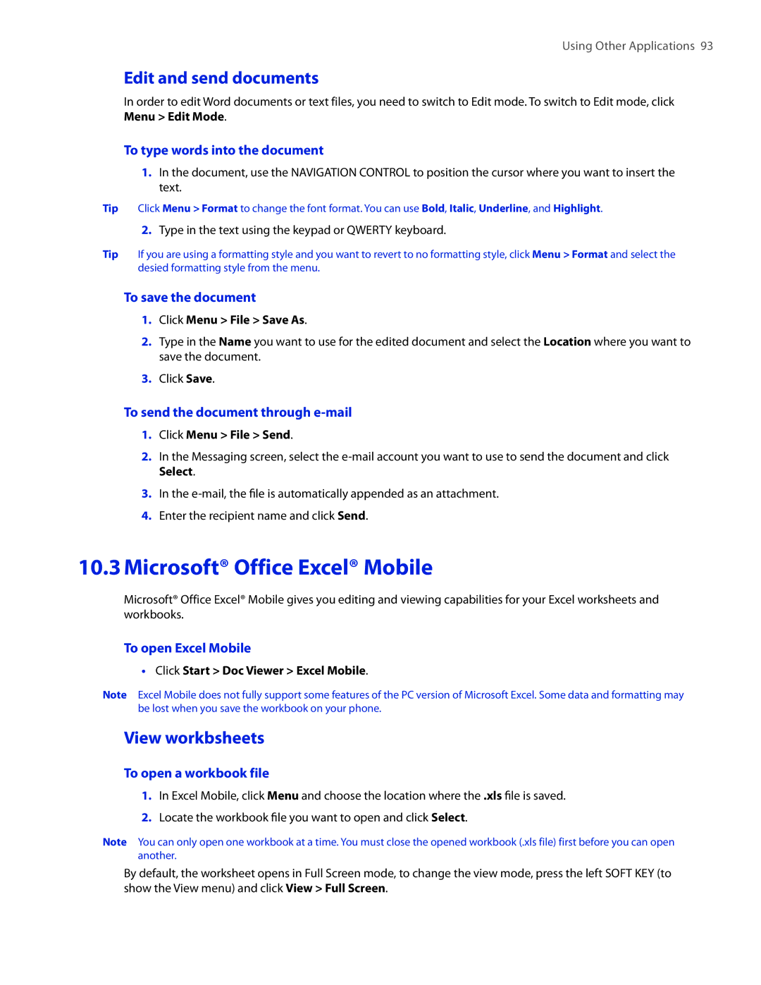 HTC SMT5800 user manual Microsoft Office Excel Mobile, Edit and send documents, View workbsheets 