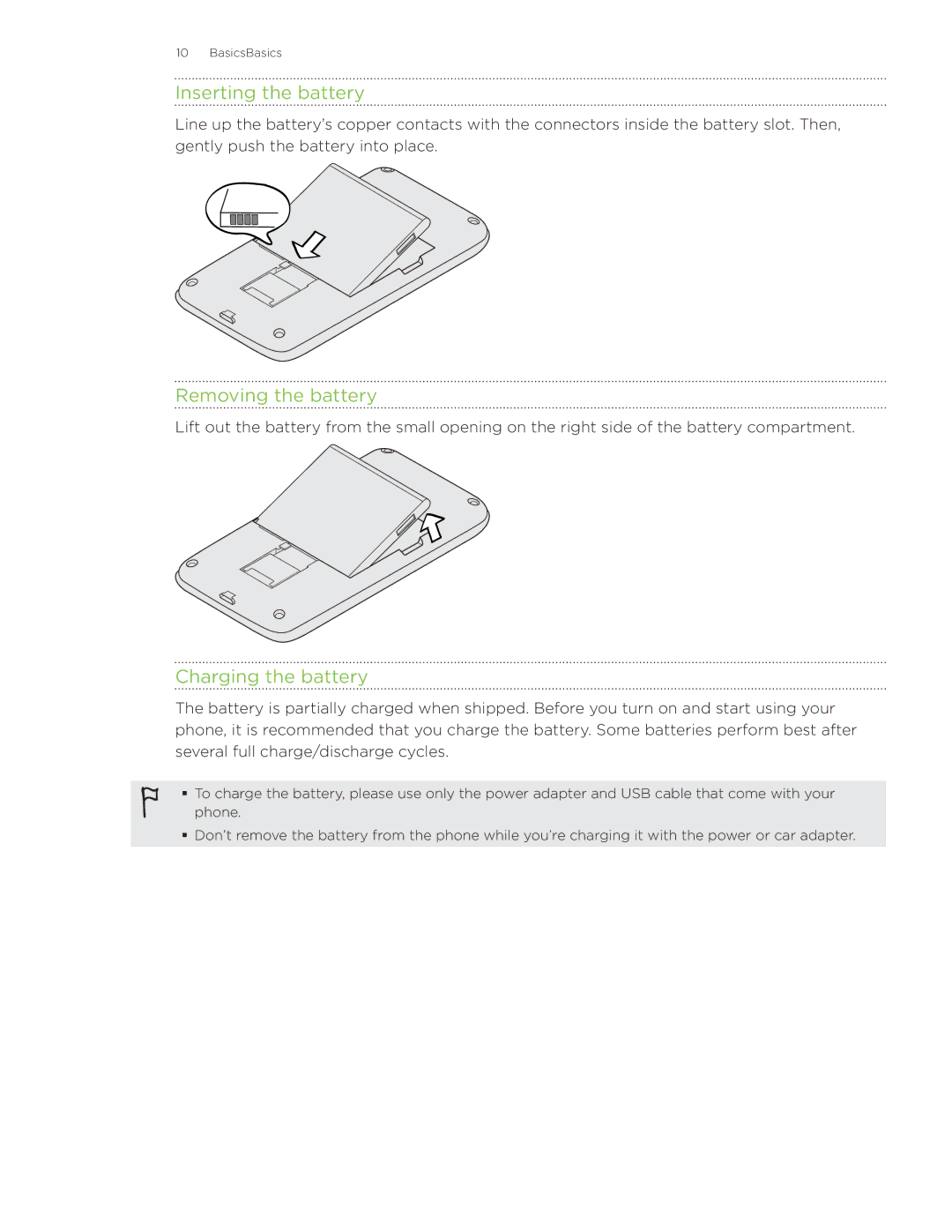 HTC Surround manual Inserting the battery, Removing the battery, Charging the battery 