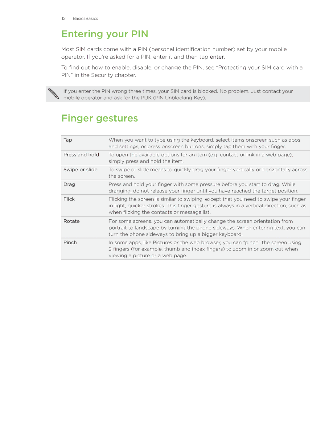 HTC Surround manual Entering your PIN, Finger gestures 