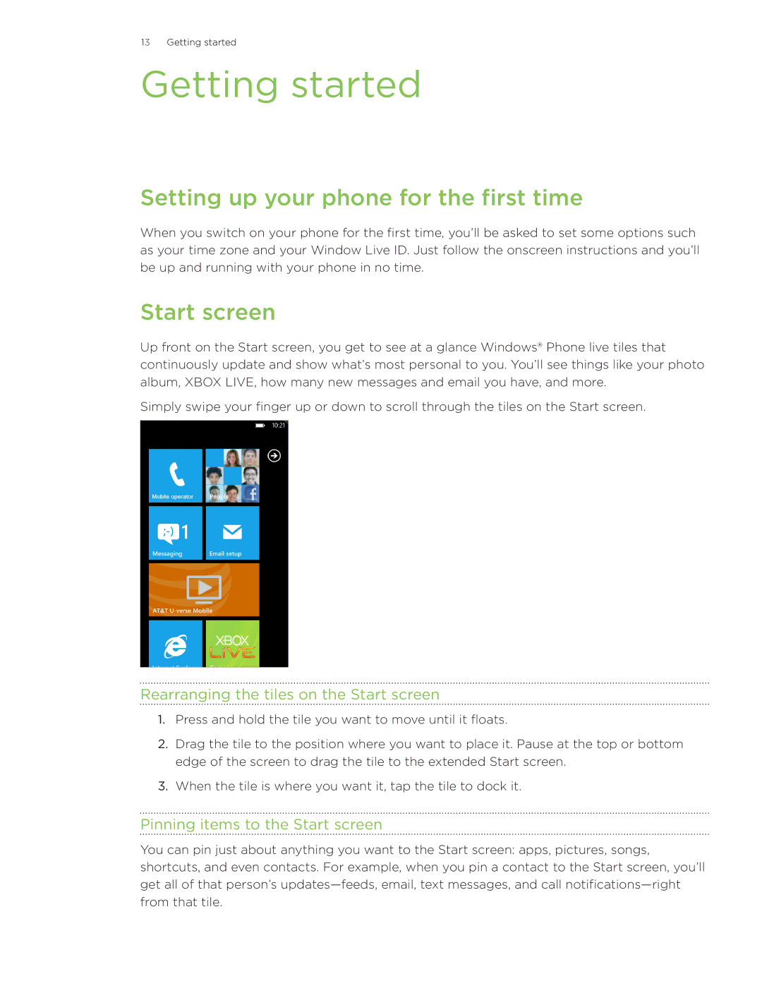 HTC Surround manual Getting started, Setting up your phone for the first time, Pinning items to the Start screen 