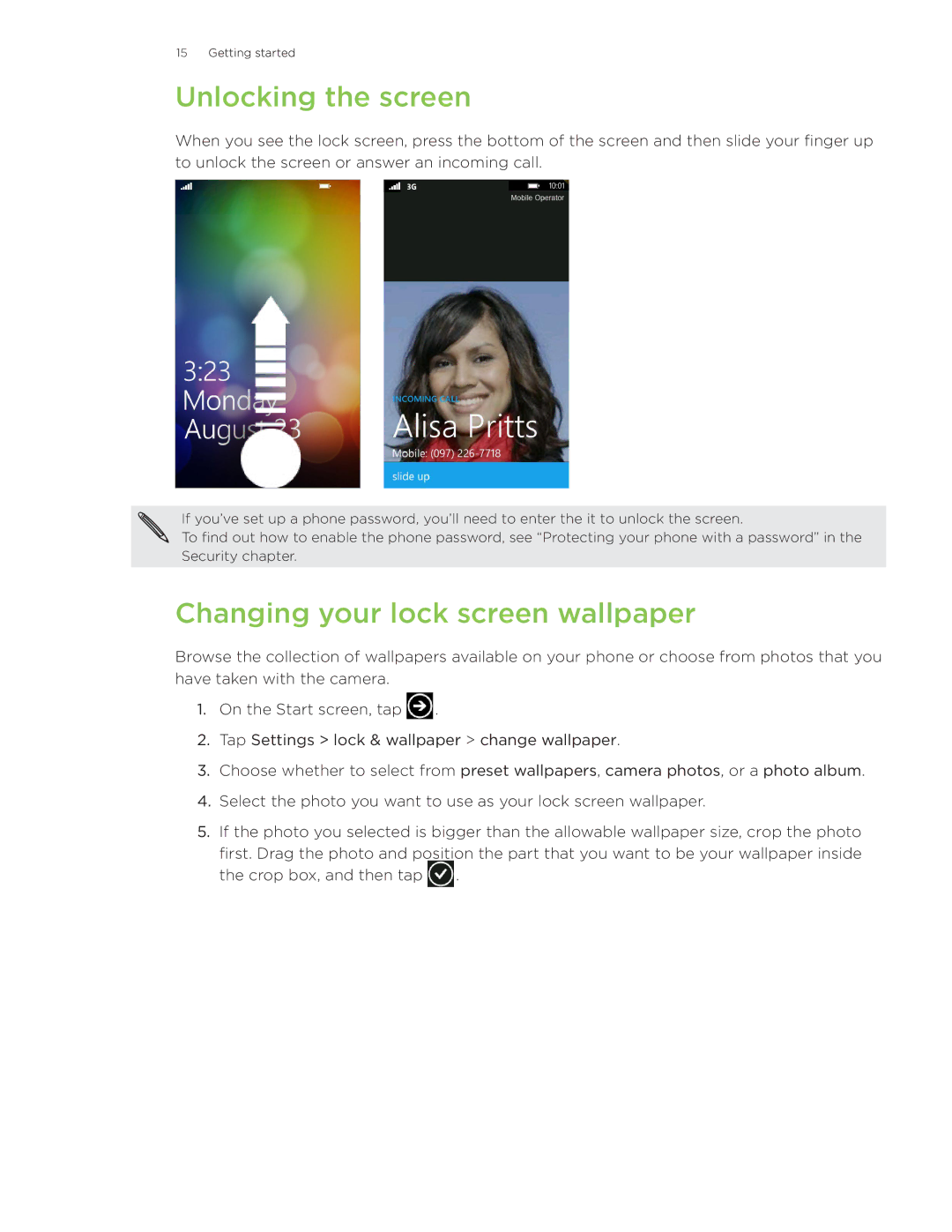 HTC Surround manual Unlocking the screen, Changing your lock screen wallpaper 