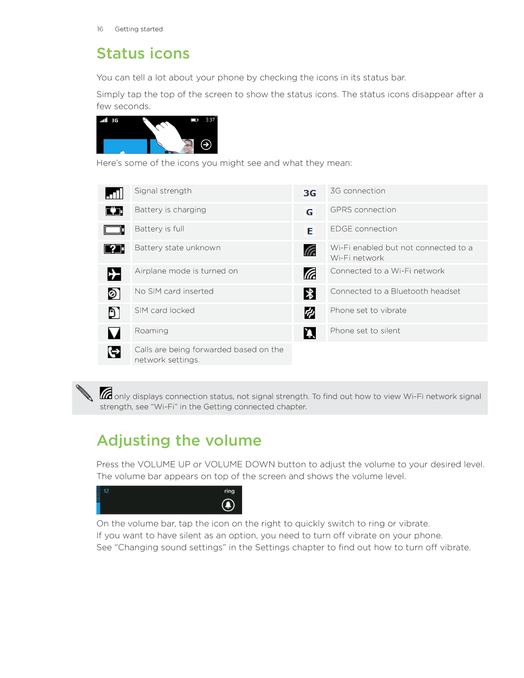 HTC Surround manual Status icons, Adjusting the volume 