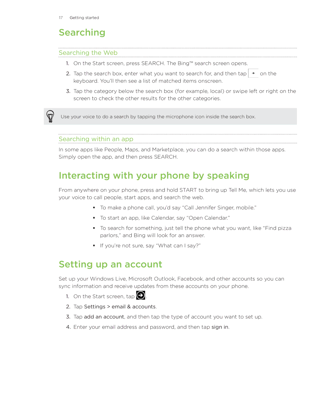 HTC Surround manual Interacting with your phone by speaking, Setting up an account, Searching the Web 