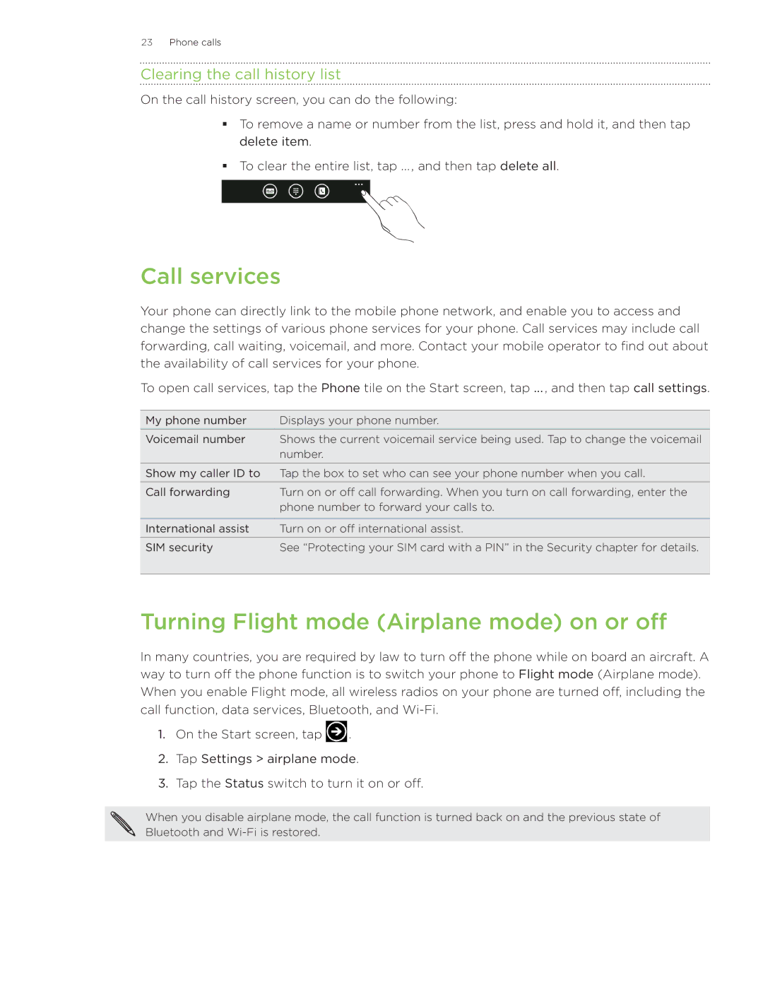 HTC Surround manual Call services, Turning Flight mode Airplane mode on or off, Clearing the call history list 