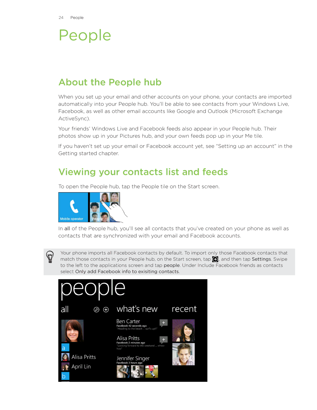 HTC Surround manual About the People hub, Viewing your contacts list and feeds 