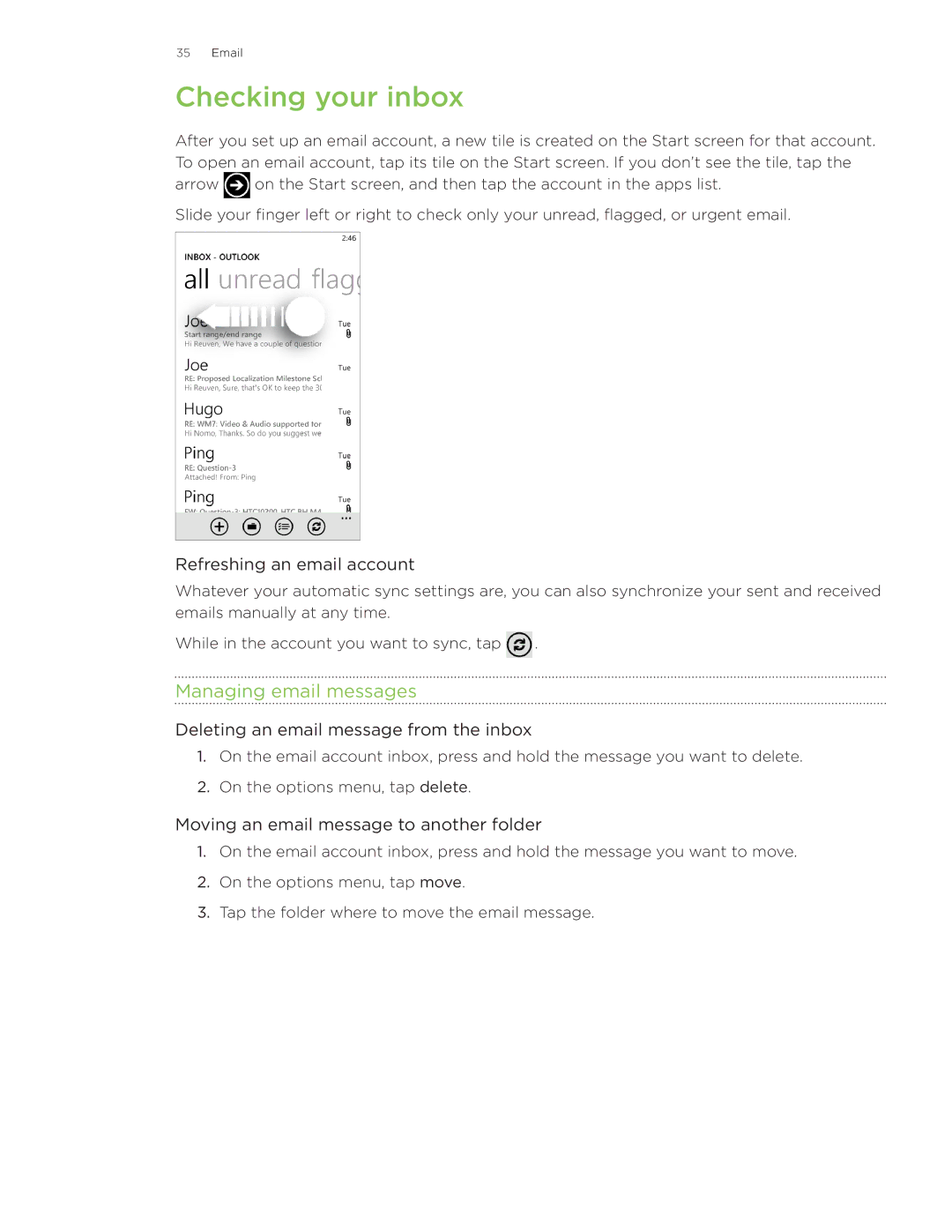 HTC Surround manual Checking your inbox, Managing email messages, Refreshing an email account 