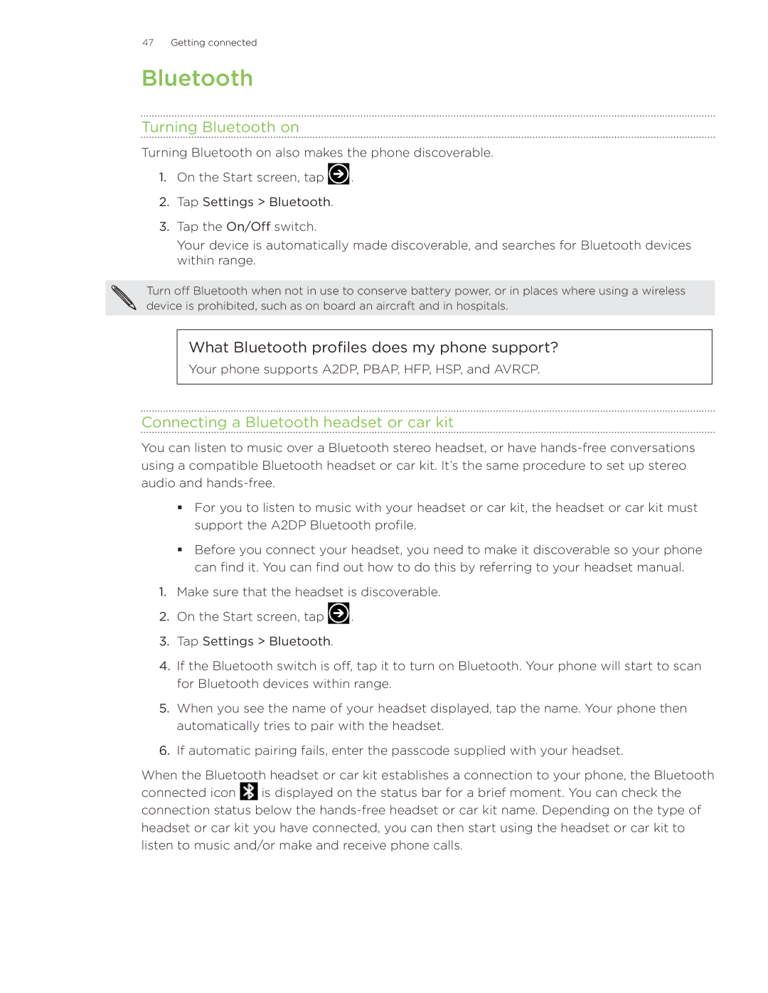 HTC Surround manual Turning Bluetooth on, Connecting a Bluetooth headset or car kit 