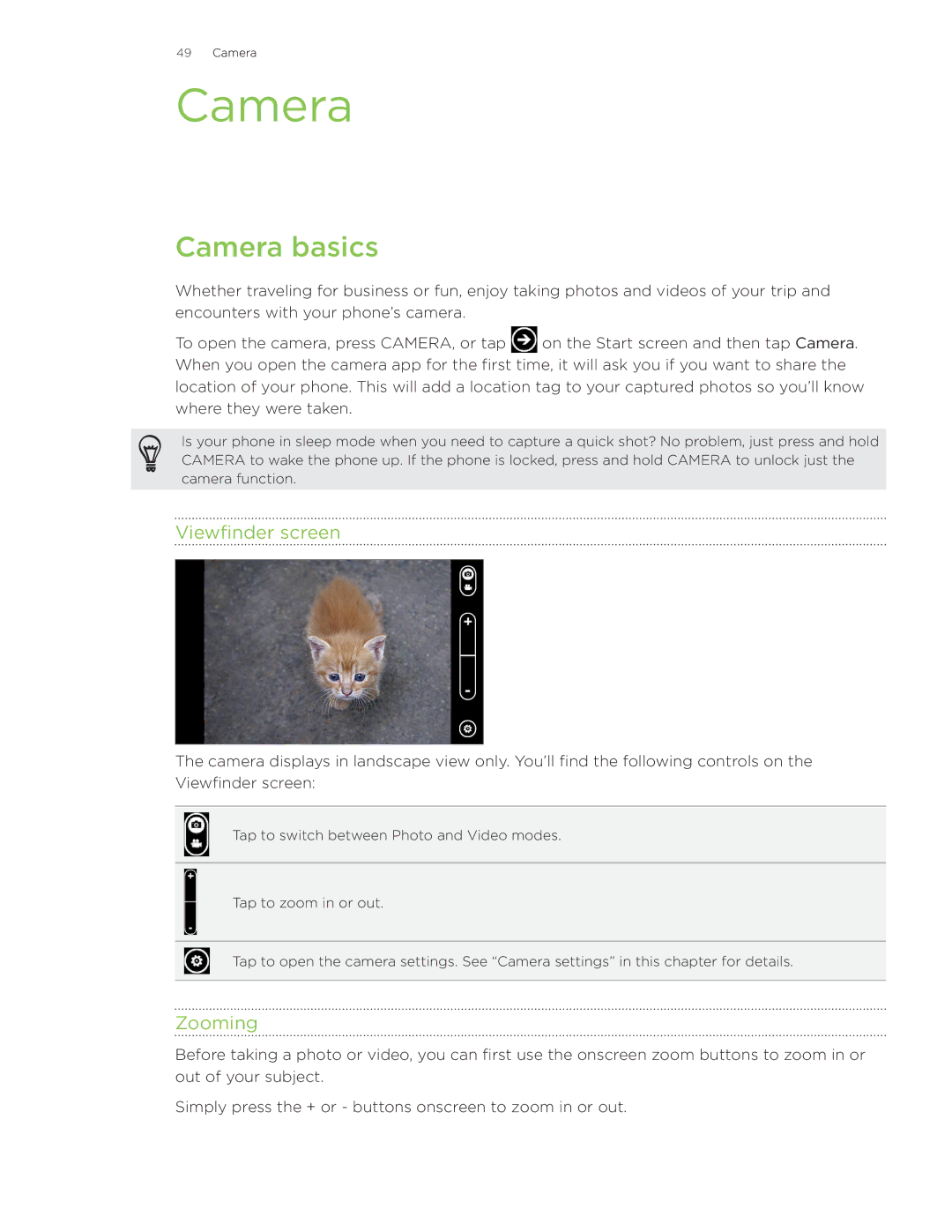 HTC Surround manual Camera basics, Viewfinder screen, Zooming 