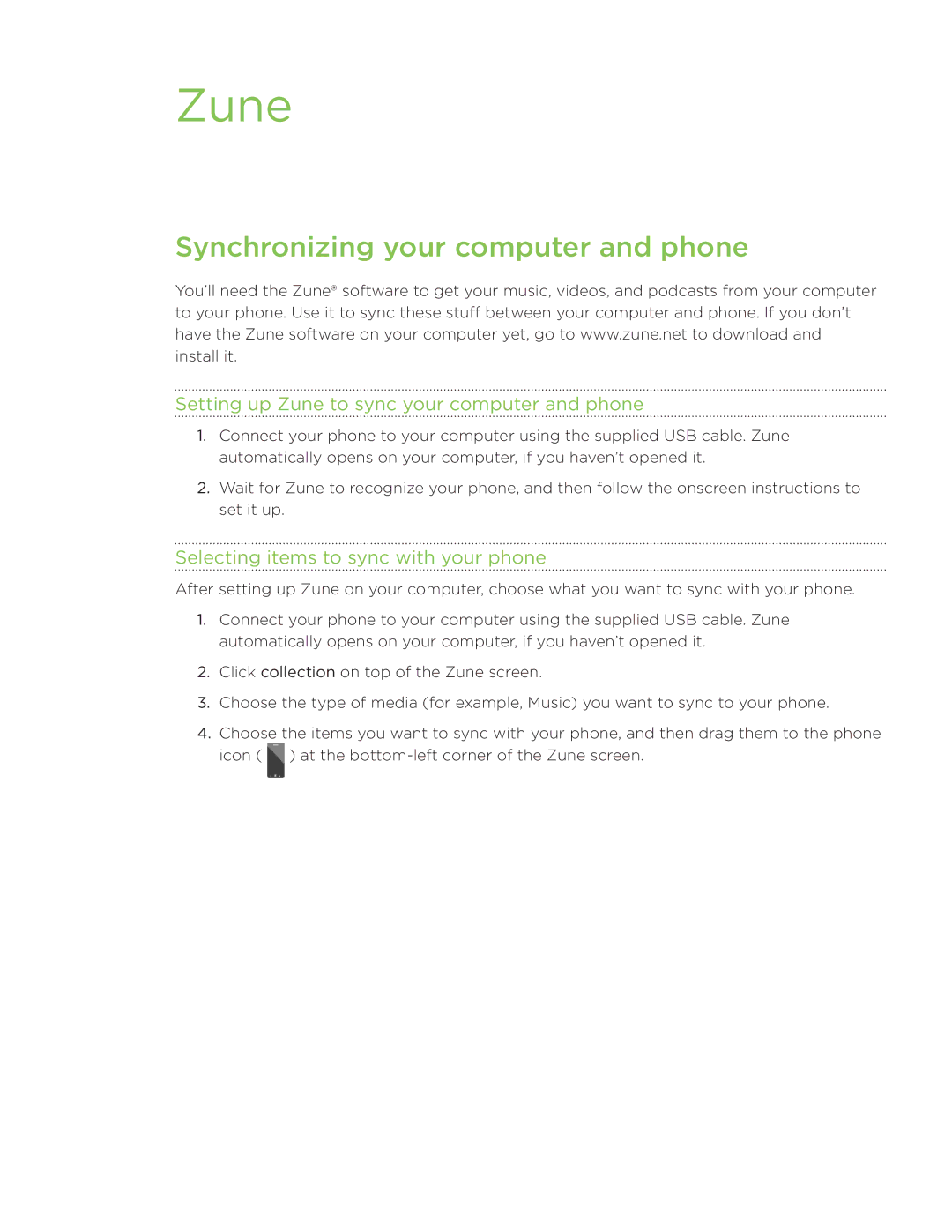 HTC Surround manual Synchronizing your computer and phone, Setting up Zune to sync your computer and phone 