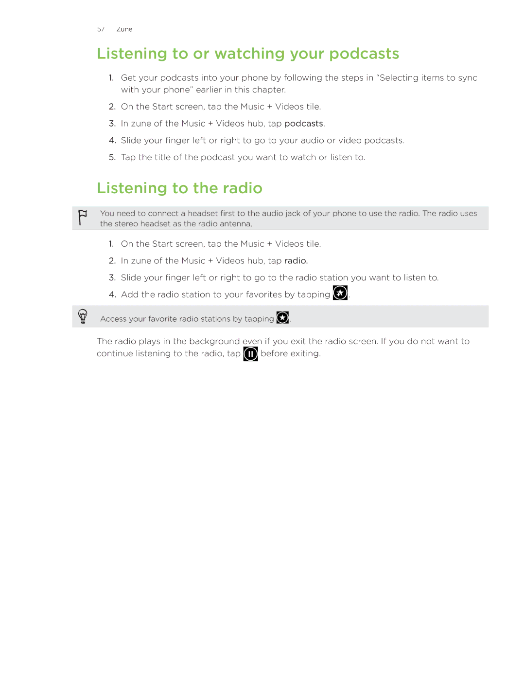 HTC Surround manual Listening to or watching your podcasts, Listening to the radio 