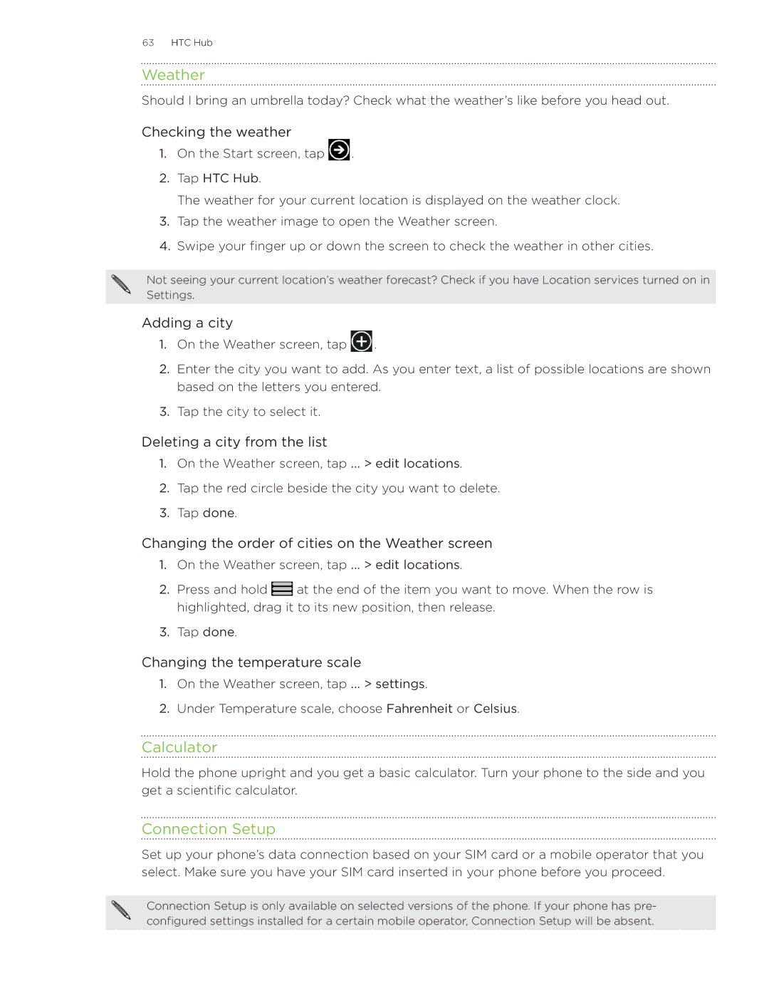 HTC Surround manual Weather, Calculator, Connection Setup 