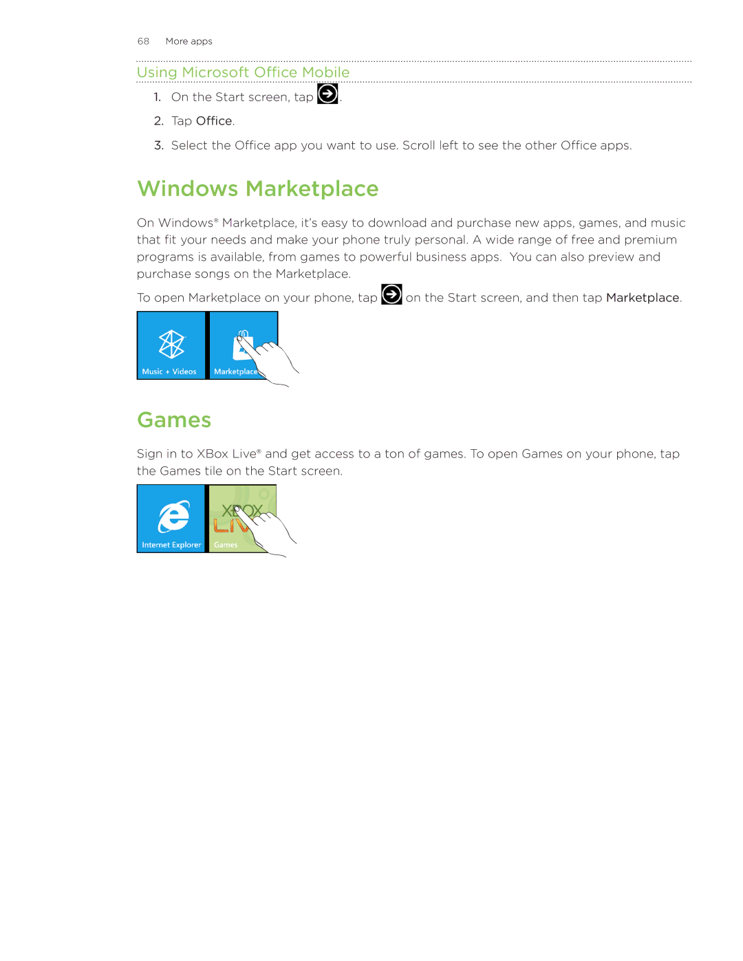 HTC Surround manual Windows Marketplace, Games, Using Microsoft Office Mobile 