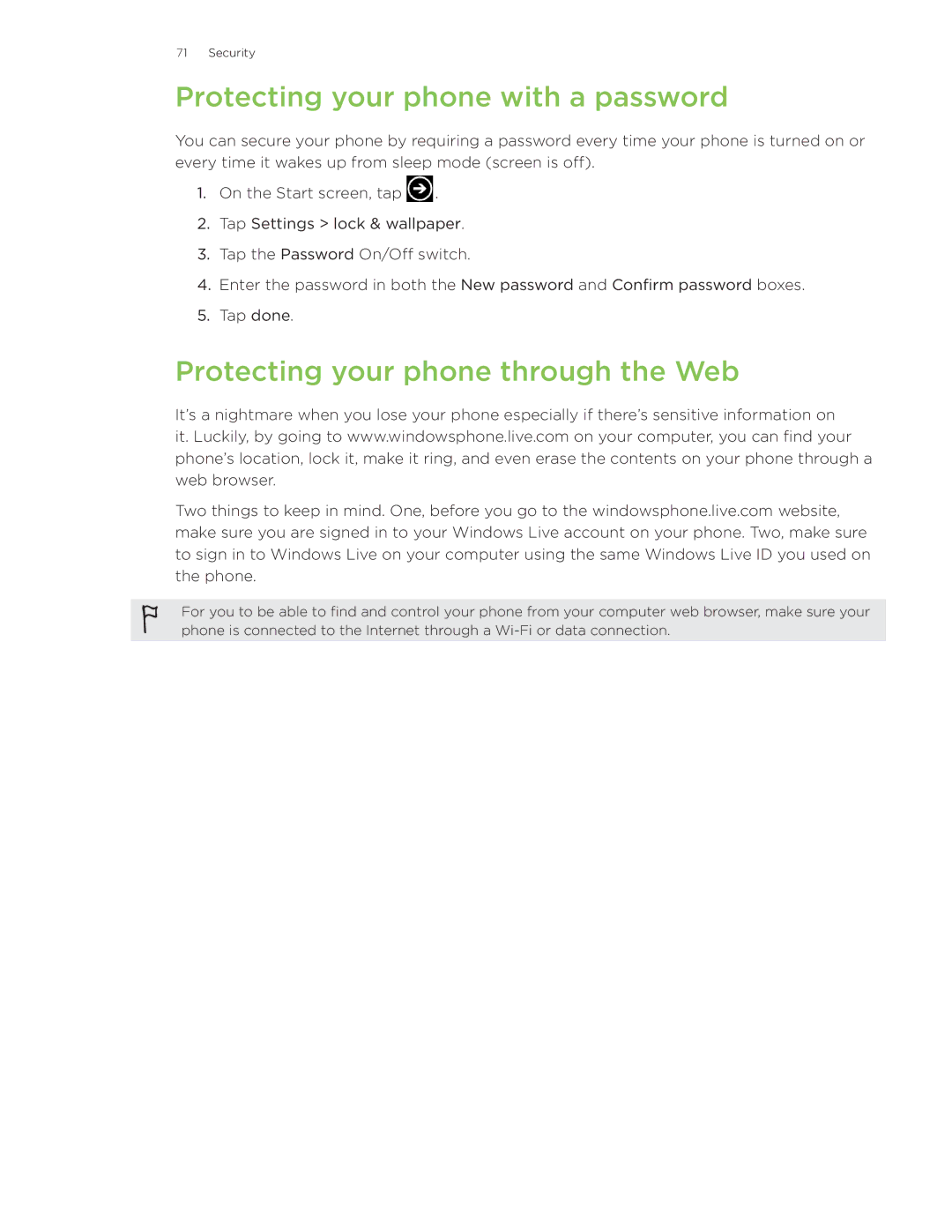 HTC Surround manual Protecting your phone with a password, Protecting your phone through the Web 