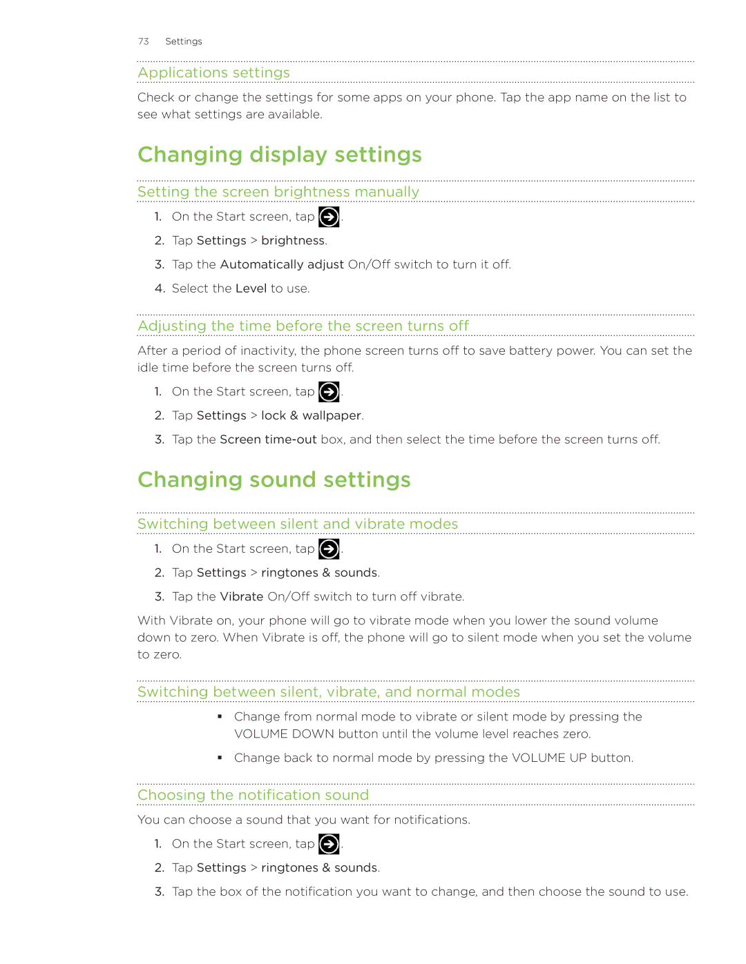 HTC Surround manual Changing display settings, Changing sound settings 