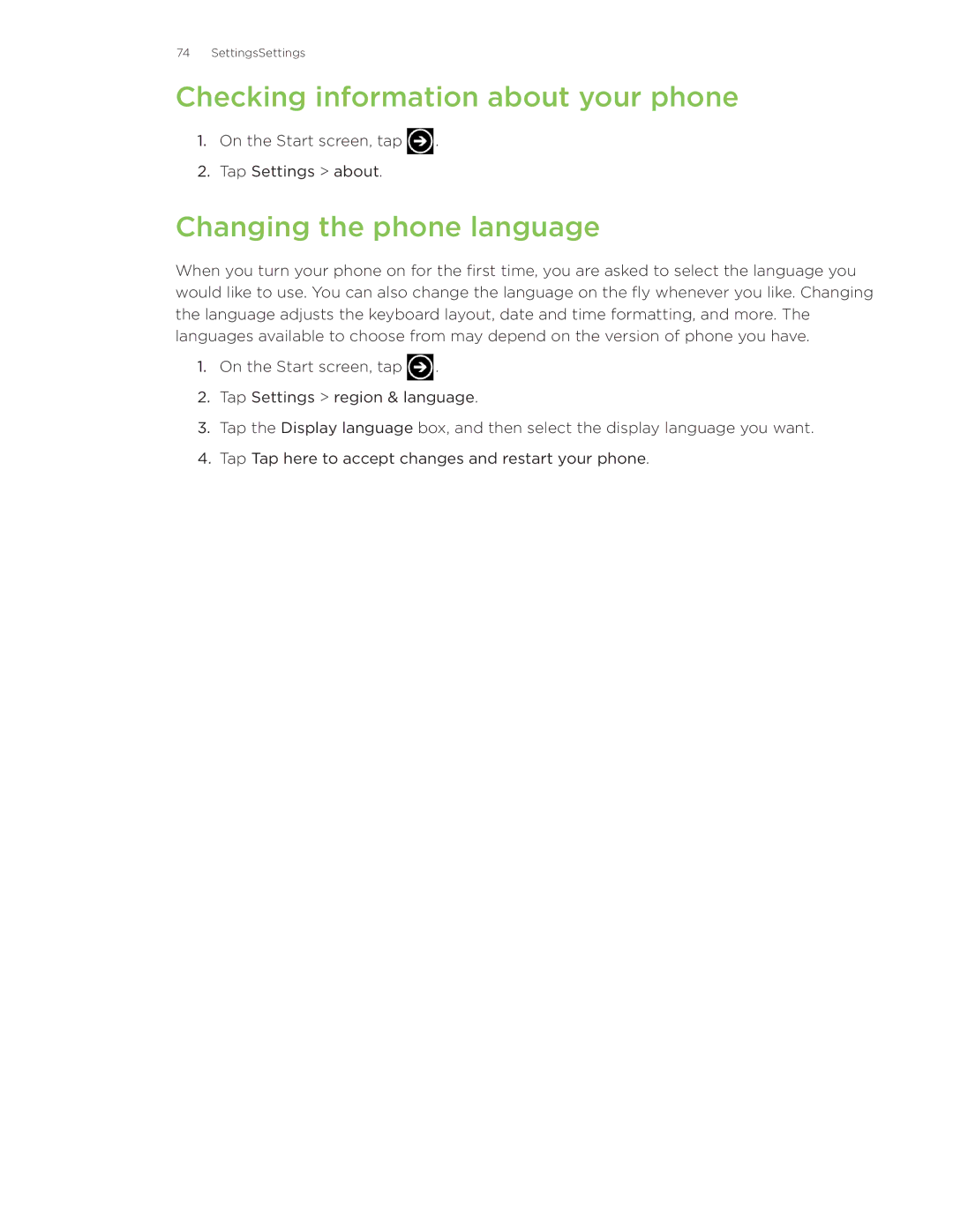 HTC Surround manual Checking information about your phone, Changing the phone language 