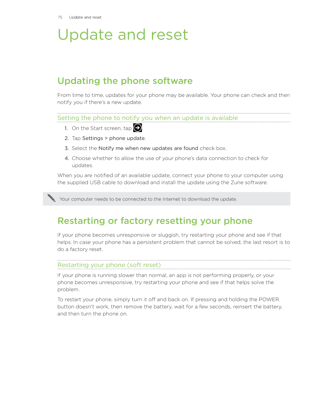 HTC Surround manual Update and reset, Updating the phone software, Restarting or factory resetting your phone 