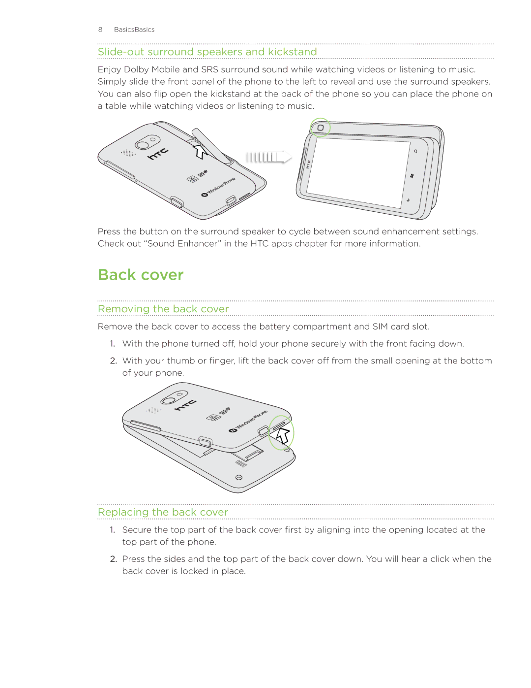 HTC Surround Back cover, Slide-out surround speakers and kickstand, Removing the back cover, Replacing the back cover 