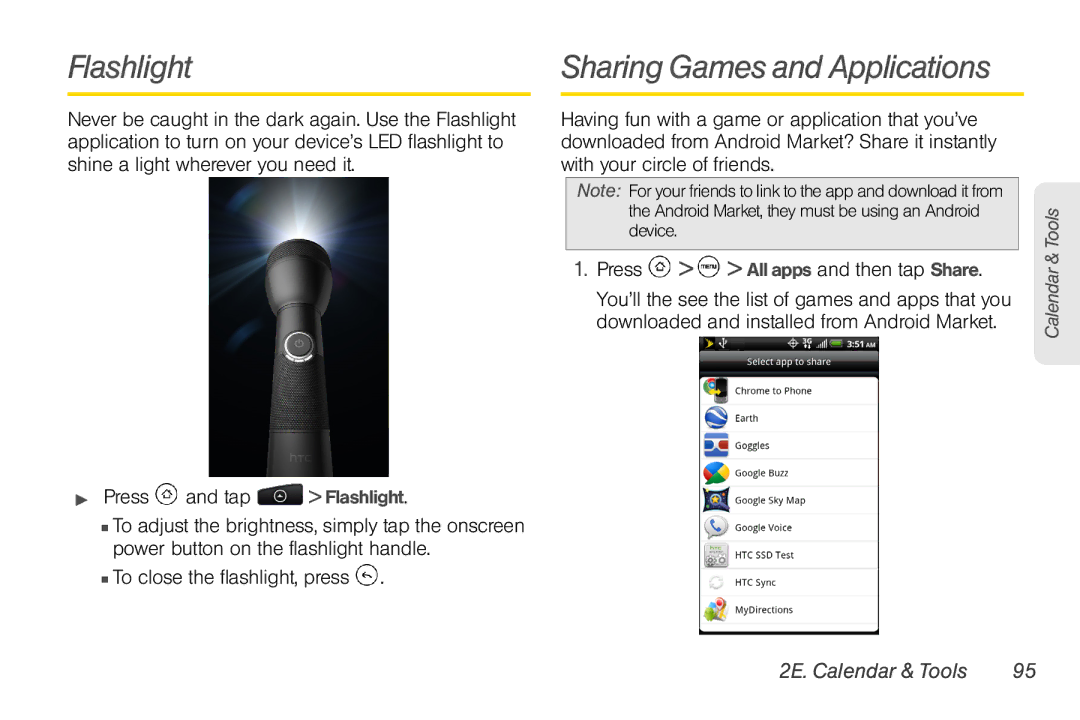 HTC HTC EVO Shift 4G, TC U250 manual Flashlight, Sharing Games and Applications,  To close the flashlight, press 